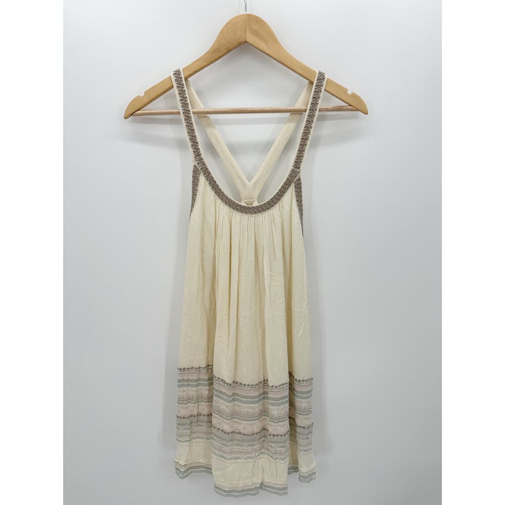 Ecote Women Small Cream Boho Dress Mini Frock Embroidered‎ Racerback Rayon